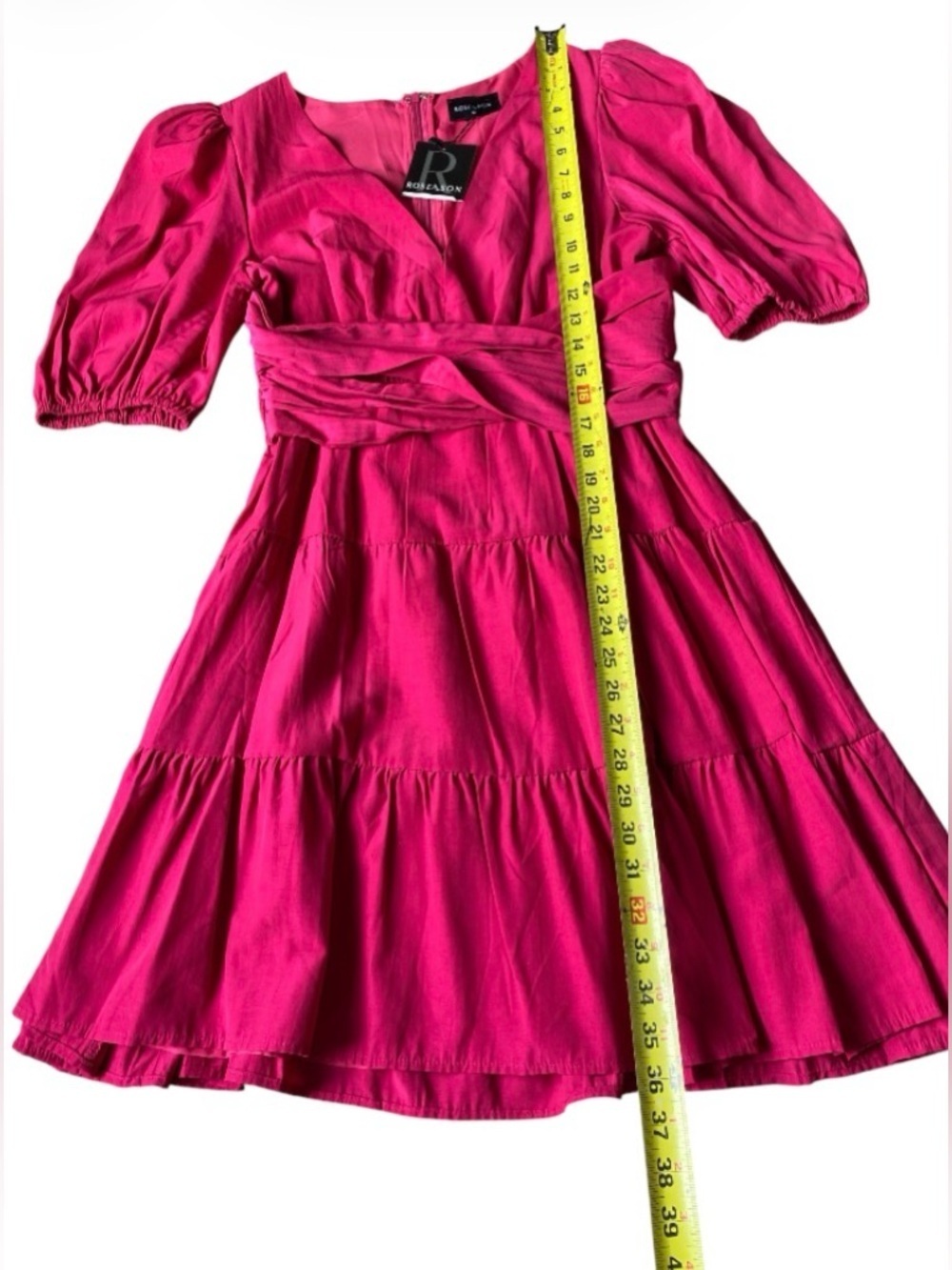 Roseason Hot Pink Mini Dress Size 12 NWT V-Neck Puff Sleeve Tiered Viscose Ramie - Picture 5 of 9